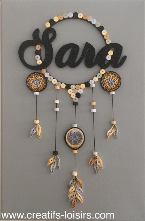 Tableau quilling, prénom Sara dans un attrape rêves