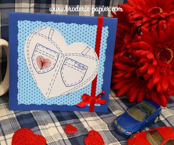 Broderie sur papier Coeur façon blue jeans