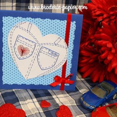 Broderie sur papier Coeur façon blue jeans