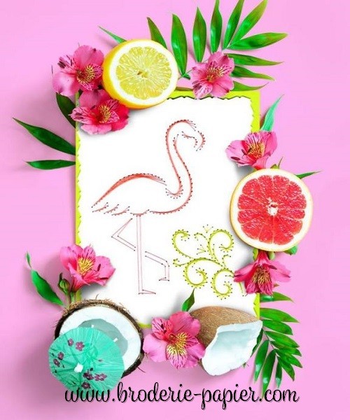 Broderie sur papier Flamant rose