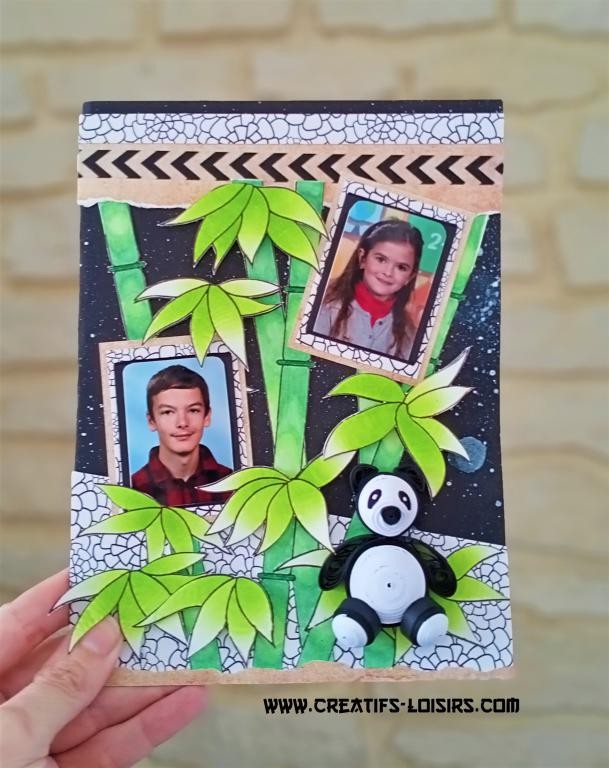 Quilling 3D panda assis, carte scrapbooking
