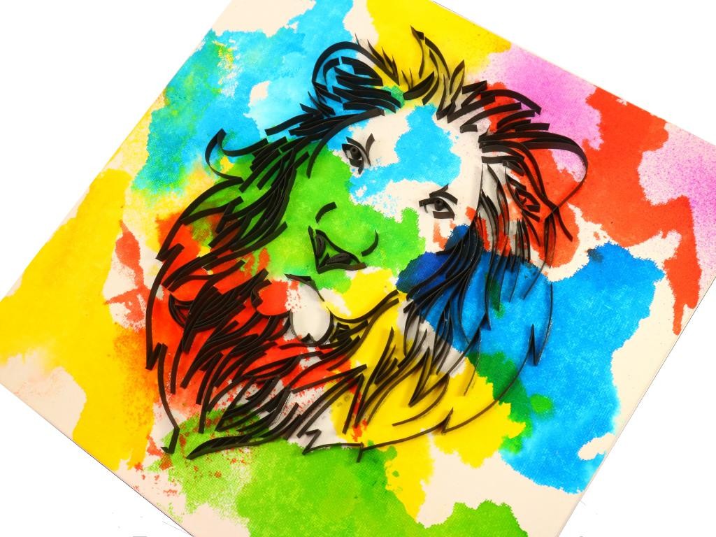 Quilling tableau tête de lion sur fond coloré