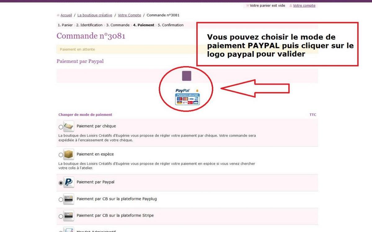 Boutique en ligne internet loisirs creatifs eugenie moyen paiement paypal