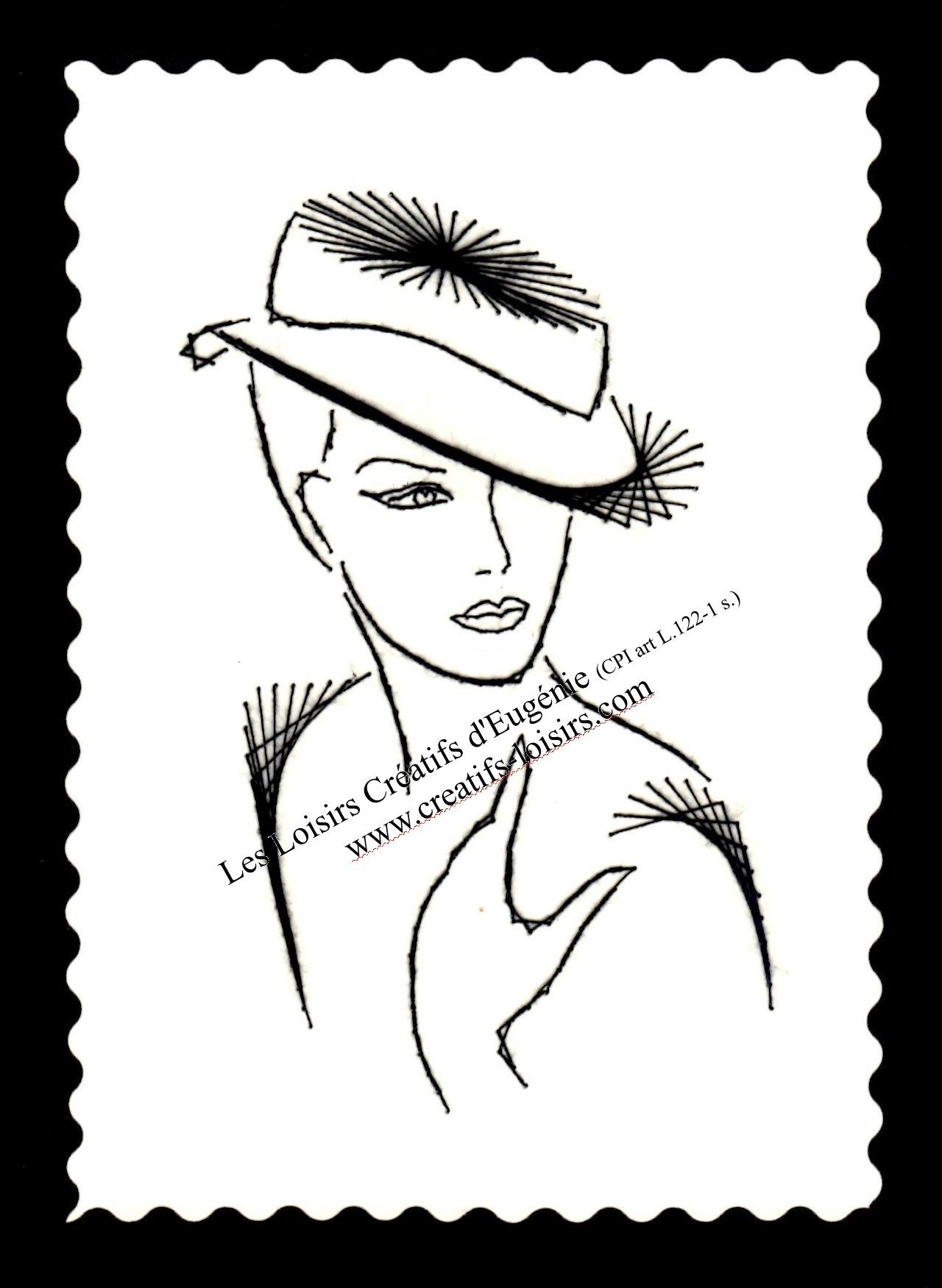 Broderie papier femme au chapeau et cheveux courts