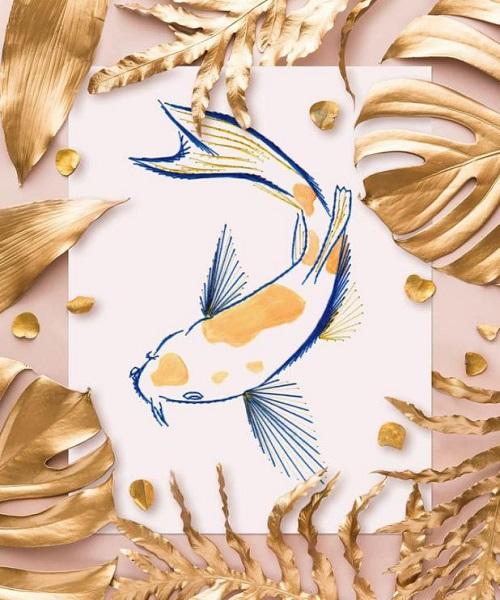 Broderie sur papier carpe koi poisson fil bleu or japan fish carte a broder