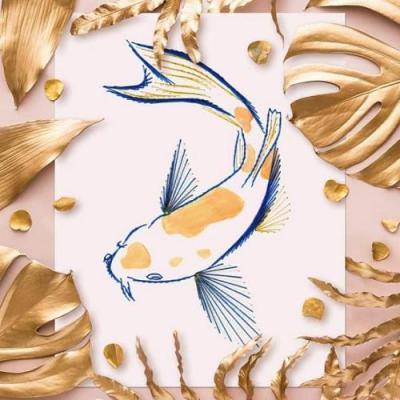 Broderie sur papier carpe koi poisson fil bleu or japan fish carte a broder