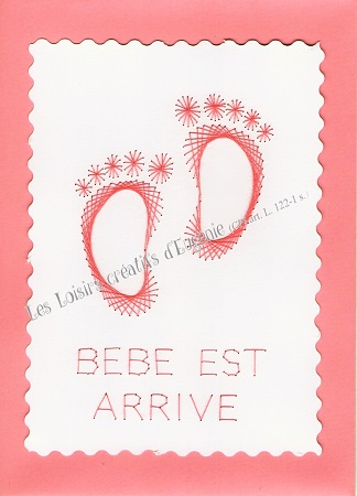 Broderie sur papier carte a broder loisirs creatifs bebe est arrive pieds fille