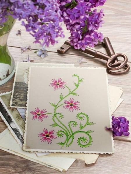 Broderie sur papier fleur arabesques plante vegetal fil tendu string art modele