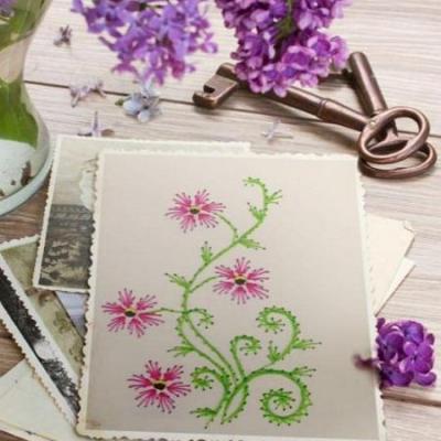 Broderie sur papier fleur arabesques plante vegetal fil tendu string art modele