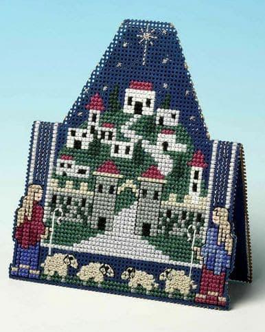 Broderie sur papier point de croix carton feuille perfore trou bleu carte noel pop up