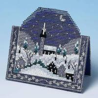 Broderie sur papier point de croix carton feuille perfore trou bleu village hiver
