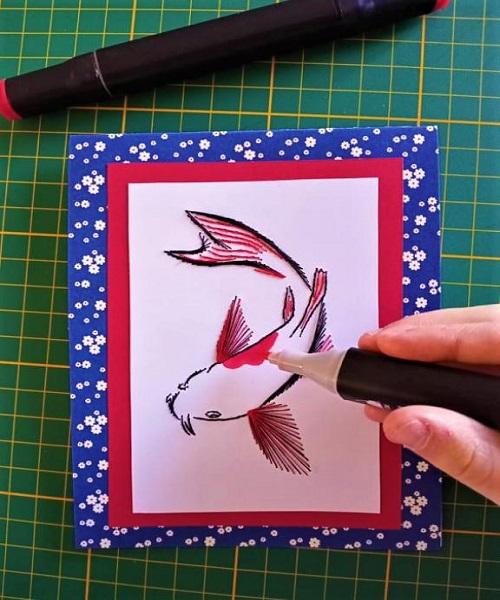Carpe koi poisson fish broderie papier carte a broder feutre rouge noir fil aiguille