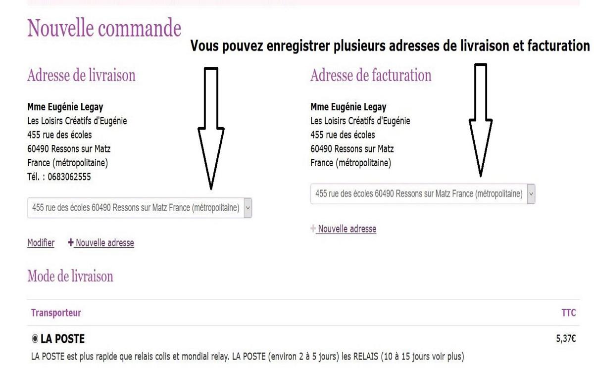Choisir adresse de livraison et facturation boutique loisirs creatifs eugenie