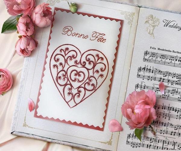 Coeur arabesque broderie papier carte a broder fil mariage bonne fete saint valentin fete des meres