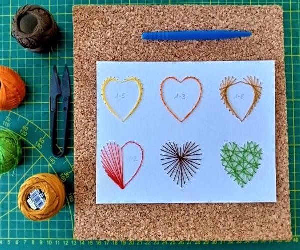 Demonstration broderie sur papier coeur variante plusieurs facon de broder fil tendu string art