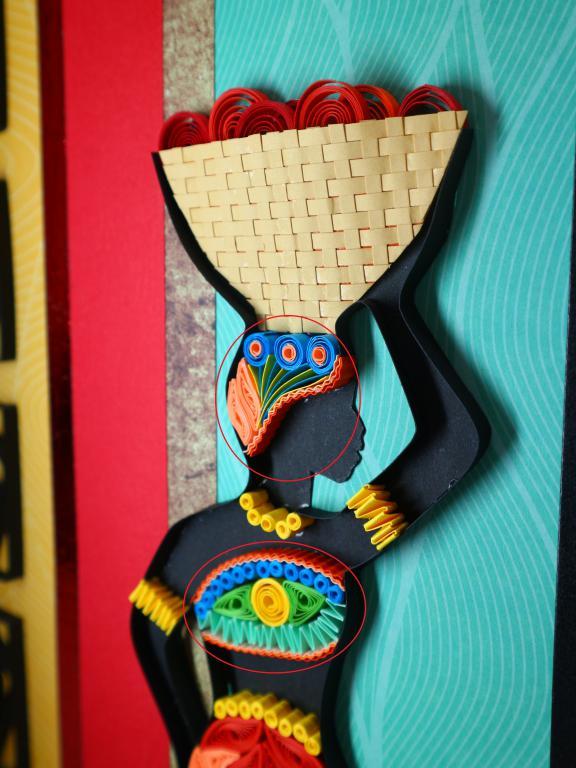 Detail tableau quilling africaine bande papier frise gaufre ondule frisotte