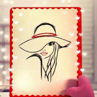 Fille grand chapeau cheveux long glamour femme broderie papier carte a broder modele