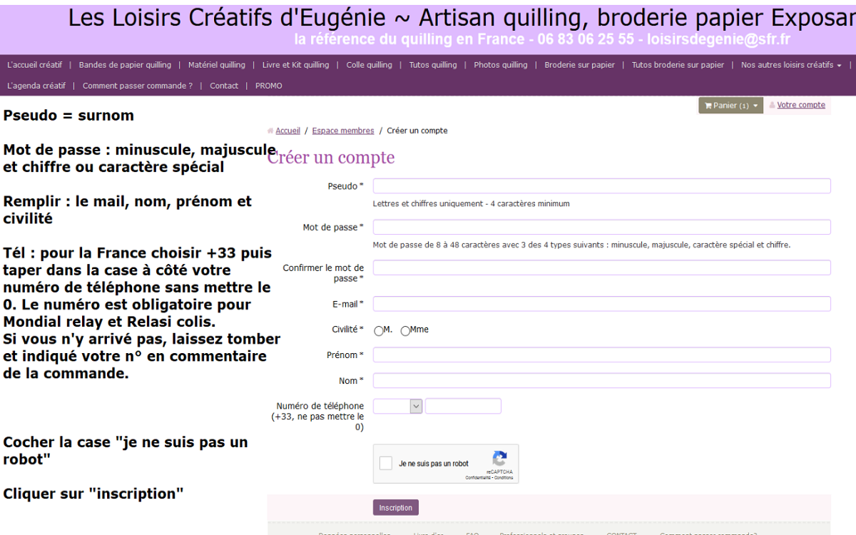Inscription site internet loisirs creatifs eugenie compte client