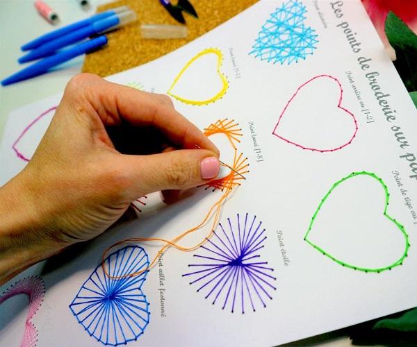 Kit apprentissage broderie sur papier 12 points a broder coeur initiation fil tendu string art apprendre commencer