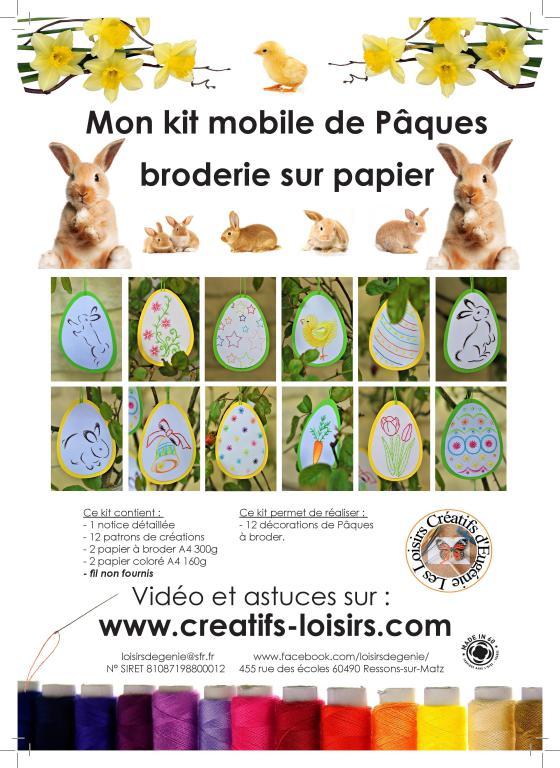 Modele patron kit mobile paques broderie papier oeuf lapin poussin fleur