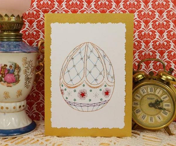 Oeuf faberge dore or broderie papier carte a broder paques fil tendu string art