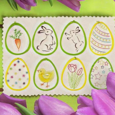 Oeuf paques lapin poussin tulipe fleurs carotte broderie papier fil tendu string art mobile deco diy