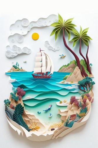 Paper art numerique digital quilling craft origami kirigami paysage mer voilier palmier bateau plage