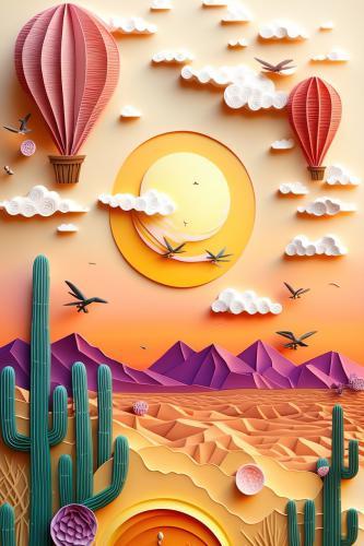 Paper art numerique digital quilling craft origami kirigami paysage mongolfiere cactus desert montagne