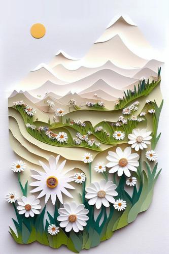 Paper art numerique digital quilling craft origami kirigami paysage montagne fleur marguerite
