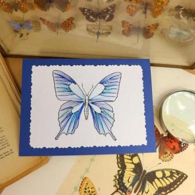 Papillon insecte bleu broderie papier carte a broder loisirs creatifs fil tendu string art