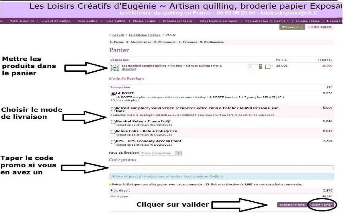 Passer commande mettre produit dans le panier selectionner le mode de livraison valider code promo 1