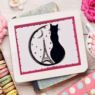 Patron broderie papier chat nuit paris tour eiffeil fil noir etoile lune carte a broder