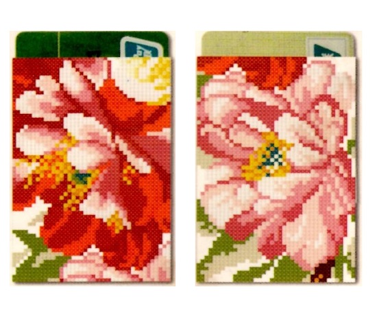 Porte carte point de croix point compte loisirs creatifs pivoine