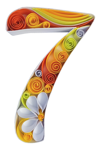 Quilling 7 chiffre seven sept paper art bande papier roule jaune orange blanc