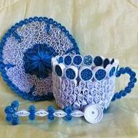 Quilling tasse papier roule sous tasse cuillere 3d blanc bleu killing curling