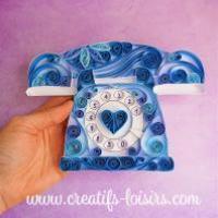 Quilling telephone cadran bleu bande papier roule main art paperolles loisirs creatifs eugenie annees 80 retro vintage spirale arabesque design