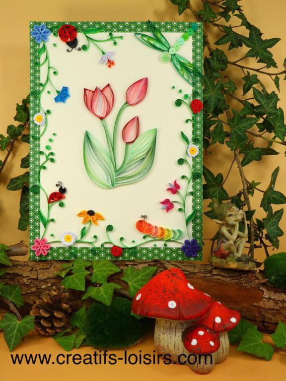 Quilling tulipe fleur chenille coccinelle tableau manuel initiation loisirs creatifs eugenie