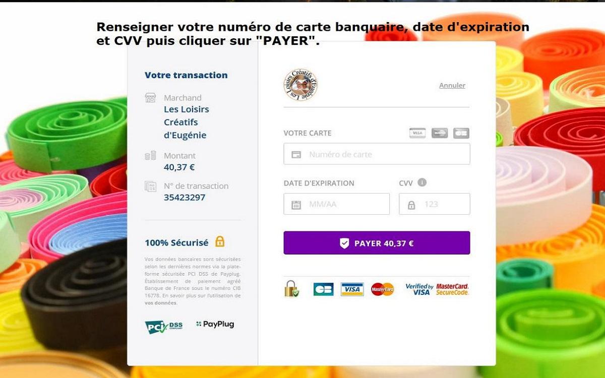 Renseigner numero carte banquaire paiement boutique internet loisirs creatifs eugenie quilling broderie papier