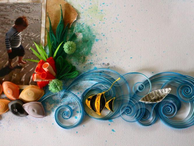 Scrapbooking mer quilling phare poisson coquillage vague bande papier paper corail algue paperolle roule support detail