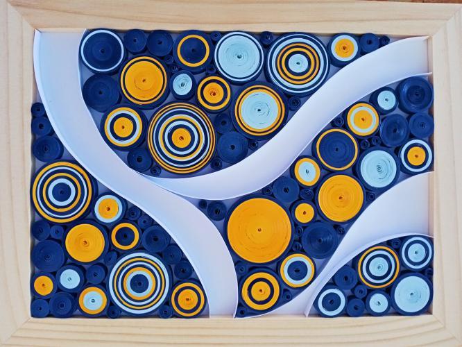 Tableau quilling abstrait cercle serre bleu niot jaune tournesol paper art bande papier