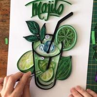 Tableau quilling mojito papier roule en cours de realisation citron menthe verre paille glacon