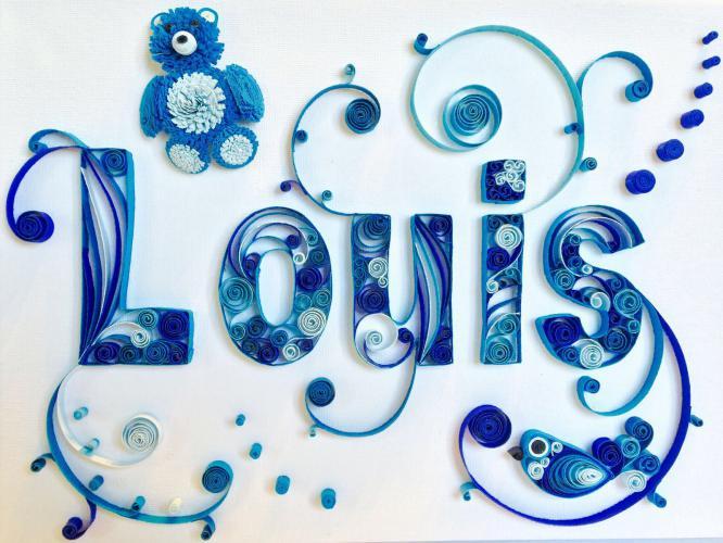 Tableau quilling prenom louis bande papier bleu degrade camaieu