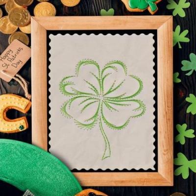 Trefle quatre feuille chance porte bonheur saint patrick vert carte a broder broderie papier fil tendu string art loisirs creatifs eugenie