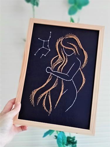 Zodiac vierge signe zodiaque femme cheveux long broderie papier tableau fil tendu string art diy loisir creatif